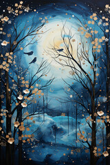  frosty moon in winter, beautiful christmas time, white and blue lover. AI generative