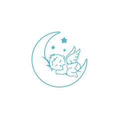 Winged baby sleeping on half moon. Vector illustration.