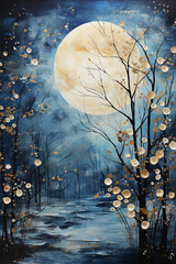  frosty moon in winter, beautiful christmas time, white and blue lover. AI generative