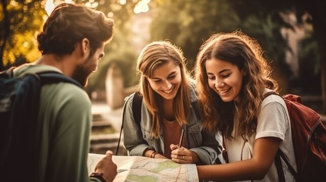 A group of young people friends or students of different nationalities are traveling together and looking at a guide map