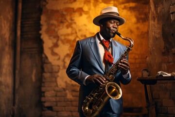 african american jazz musician with saxophone in front of the camera. - Powered by Adobe