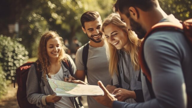 A group of young people friends or students of different nationalities are traveling together and looking at a guide map