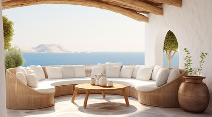 Fototapeta na wymiar luxury terrace with sea view, sunny summer day generativa IA