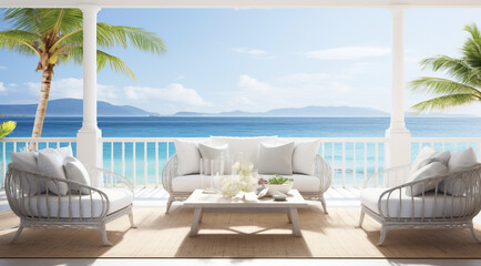Fototapeta na wymiar terrace with white loungers on the beach generativa IA