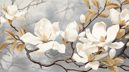 Golden white and gray flowers for wall canvas decor. White magnolia flower in watercolor
