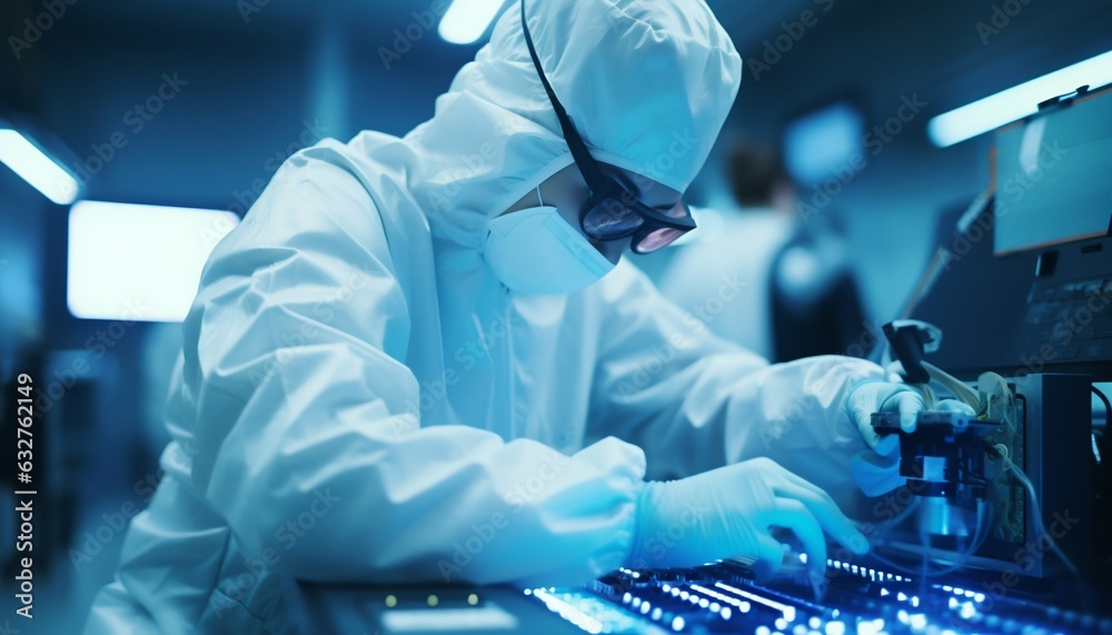 Poster scientist in coveralls working on a processor chip in a laboratory. generative ai