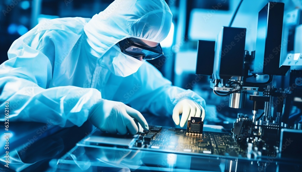 Poster scientist in coveralls working on a processor chip in a laboratory. generative ai