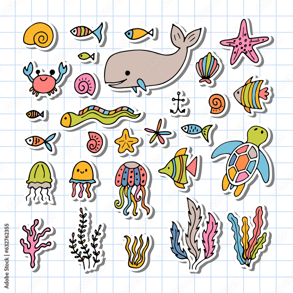 Wall mural Set of sea animals in hand drawn style. Ocean life. Underwater, under the sea, marine. Stickers