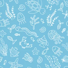 Zelfklevend Fotobehang Hand drawn seamless pattern with underwater animals. Ocean, sea life. Nautical background © Helen Sko
