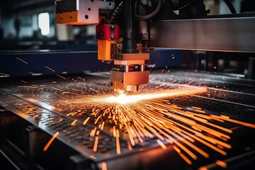 Fiber Laser Cutting Machine Cutting Sheet Metal Plate with Sparks. Generative ai
