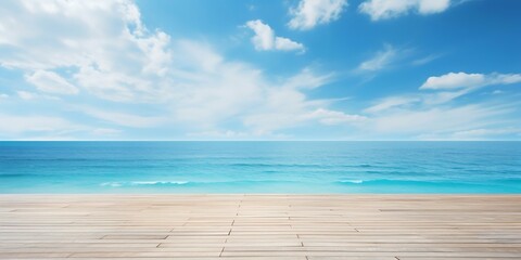 Fototapeta na wymiar Empty Wooden Deck Flooring with Blue Summer Sky, Clouds, and Turquoise Ocean Sea. Generative ai