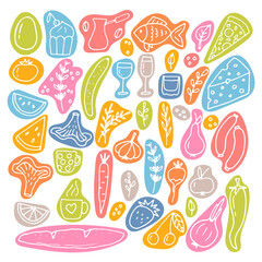 Hand drawn set of different food and drinks. Doodle style. Healthy food ingredients