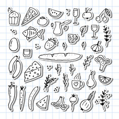 Hand drawn set of different food and drinks. Doodle style. Healthy food ingredients. Stickers