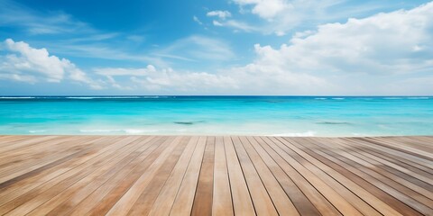 Empty Wooden Deck Flooring with Blue Summer Sky, Clouds, and Turquoise Ocean Sea. Generative ai