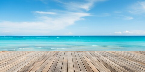 Fototapeta premium Empty Wooden Deck Flooring with Blue Summer Sky, Clouds, and Turquoise Ocean Sea. Generative ai