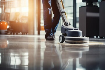 Janitor Cleaning Floor with Polishing Machine Indoors. Generative ai - obrazy, fototapety, plakaty