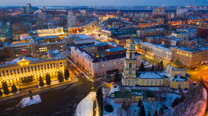 Aerial view of the evening Cathedral of the Nativity in the city center and residential areas in winter of Lipetsk,..Russia