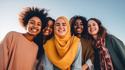 Fototapeta premium A group of young people friends of different nationalities taking selfies and smiling. Portrait, close-up. Group photo