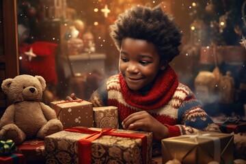Fototapeta na wymiar african boy opening christmas presents in the morning
