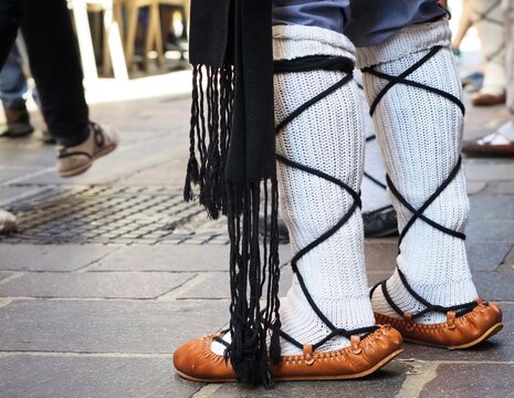 Close up of a man wearing abarcas, albarcas or abarkas vascas, traditional basque footwear 