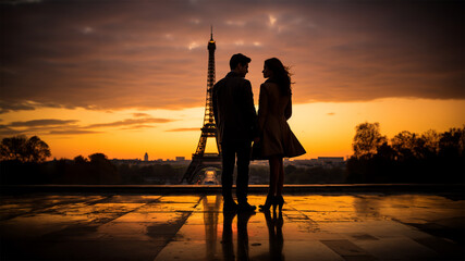 , a couple stands close together, their silhouettes outlined against the backdrop of the iconic...