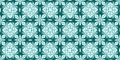 Teal green white vibrant watercolor batik azulejos tile border banner background. Seamless aqua coastal blur linen effect geometric mosaic effect.Boho Patchwork nautical masculine summer ribbon trim. 