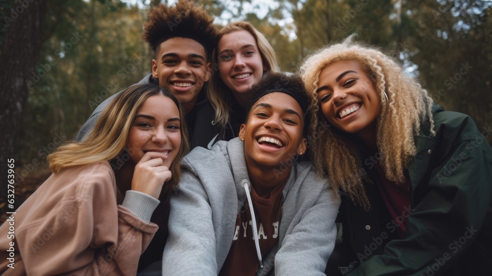 Wall mural a group of young people friends of different nationalities taking selfies and smiling. portrait, clo