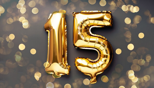 Gold foil balloon number, digit fifteen. Birthday greeting card, inscription 15. Anniversary celebration event. Banner. Stylish golden numeral, light bokeh, glitter, black background. Numerical digit.