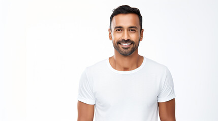 Fototapeta premium portrait of an attractive indian male in his 30s with a beard smile and looking into the camera isolated against a white background