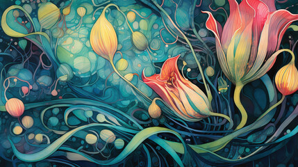 Grass and flowers illustration, floral background - Generative AI, AI generated