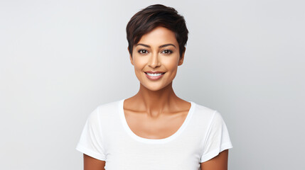 Fototapeta premium portrait of an attractive indian female in her 30s with a short brown hair isolated against a white background