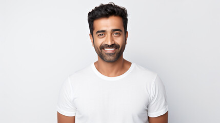 portrait of an attractive indian male in his 30s with a beard smile and looking into the camera isolated against a white background