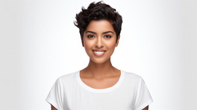 Portrait Of An Attractive Indian Female In Her 30s With A Short Brown Hair Isolated Against A White Background