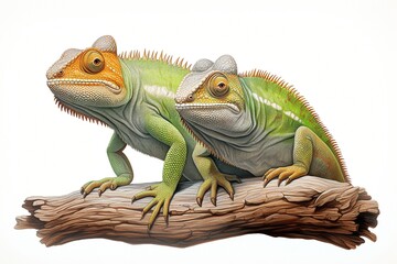 Fototapeta premium chameleon sitting on a branch isolated on white background.