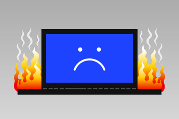 Overheated laptop with red flame and unhappy face icon on blue screen