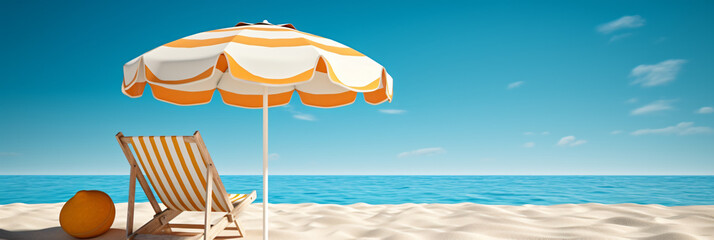deck chair under a parasol at a sandy beach
