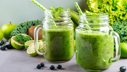 Glass jar mugs with green health smoothie, kale leaves, lime, apple, kiwi, grapes, banana, avocado,...