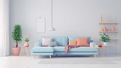 salon con paredes claras y vacias con sofa azulado adornado con cojines rosas. .ilustracion de ia generativa