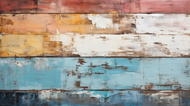 textura de tablones de madera envejecidos de color azul, naranja y rojo con desconchones. ilustracion de ia generativa