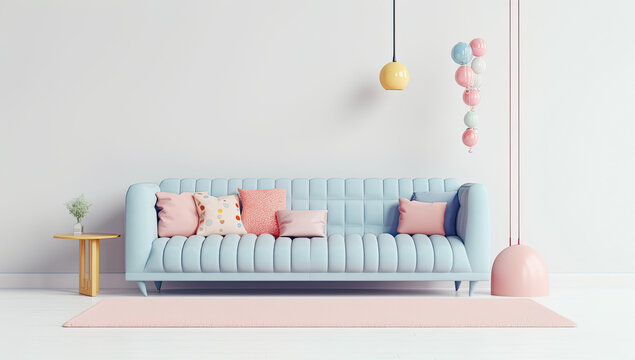 salon con paredes claras y vacias con sofa azulado adornado con cojines rosas. .ilustracion de ia generativa