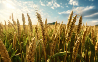 Close up of golden wheat field under blue sky.