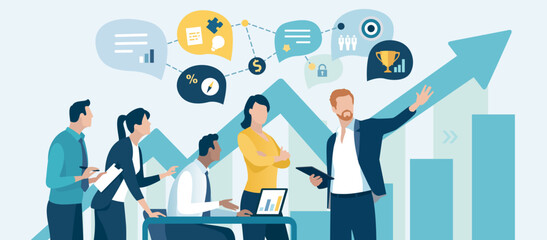 Presentation, vision, strategy. The leader. Discussing business plan. Vector illustration 