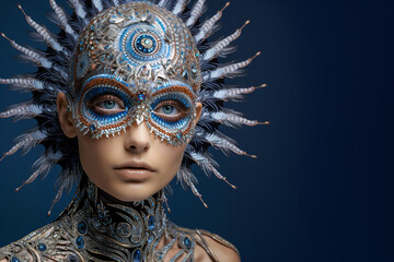 Beautiful and mysterious girl wearing a carnival mask, intricate blue details.