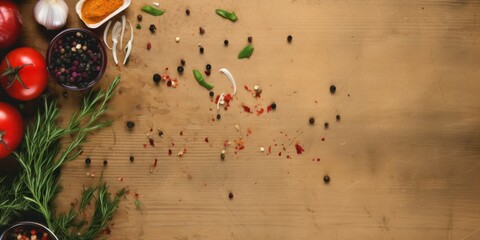 Fototapeta na wymiar illustration of frying onions, pepper, garlic, and ketchup on old wooden board, generative AI