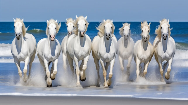 White horses galloping through waves.