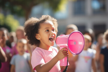 A girl with a megaphone in her hand is speaking to the members of a protest for the end of poverty: a call to global action to eradicate poverty and hunger in the world