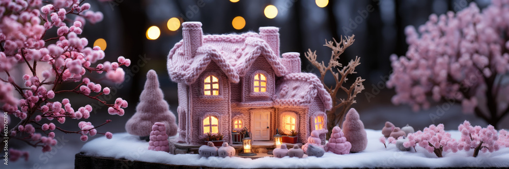 Sticker Panoramic scene with crocheted pink Christmas house Lantern