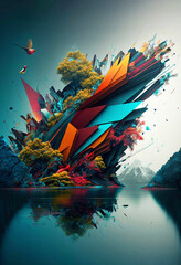 Diagonal shapes protruding from the shoreline on a lake with trees and mountains in the background.