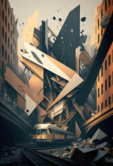 Abstract Urban Design Of A Subway Car Driving Though City Debris
