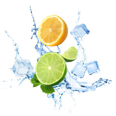 Flying juicy citrus fruits with cold ice, mint and splashing fresh water on white background